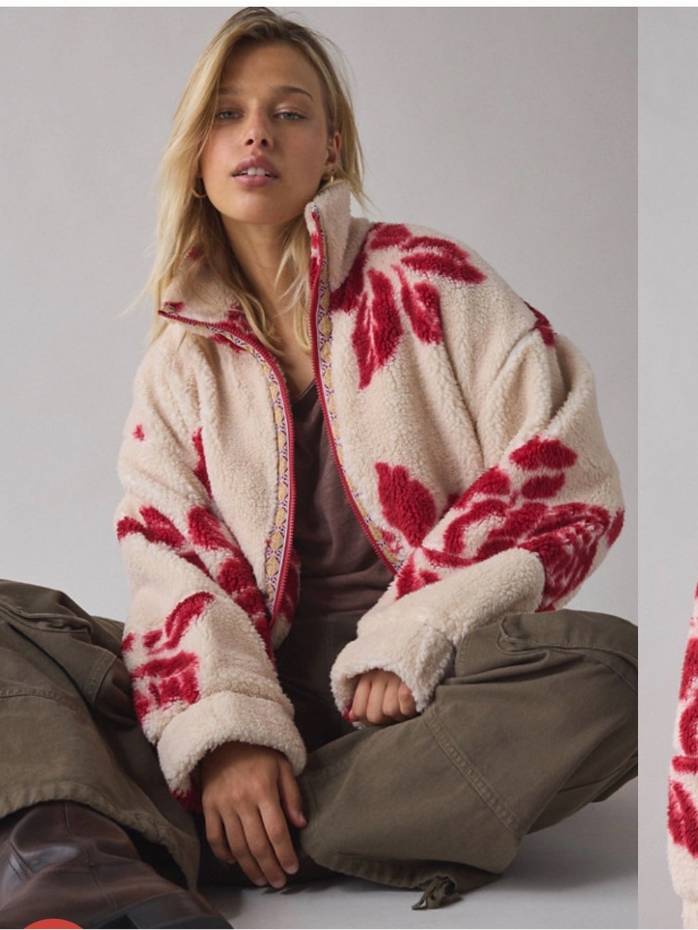 Urban Outfitters Mae Printed Piled Fleece Zip Up Sherpa Jacket